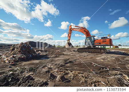 excavator stands on a large garbage dump excavator stands on a large garbage dump 113073594