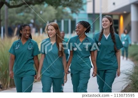 team of medical students young women in scrubs walk together on a university hospital campus team of medical students young women in scrubs walk together on a university hospital campus 113073595