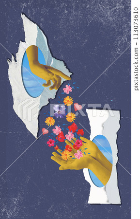 Female hand makes a gesture like handing the hanging object to outstretched hand isolated on a blue background. Handover. trendy collage in magazine style. Contemporary art. Female hand makes a gesture like handing the hanging object to outstretched hand isolated on a blue background. Handover. trendy collage in magazine style. Contemporary art. 113073610