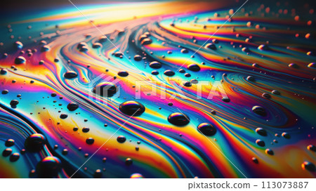 AI-generated content. Multicolor oil and water interaction creating a psychedelic rainbow effect. Abstract artwork inspired by petrol spots. Luxury iridescent wallpaper. Contemporary trendy design 113073887