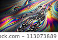 AI-generated content. Multicolor oil and water interaction creating a psychedelic rainbow effect. Abstract artwork inspired by petrol spots. Luxury iridescent wallpaper. Contemporary trendy cover 113073889