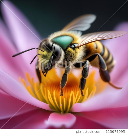 A bee collects nectar or pollen on a purple flower on a spring or summer day 113073995