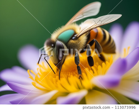 A bee pollinates a violet flower on a sunny spring or summer day 113073996