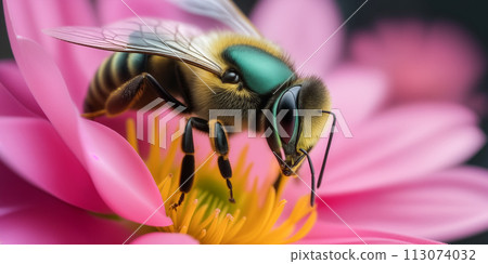 A bee pollinates a violet flower on a sunny spring or summer day 113074032