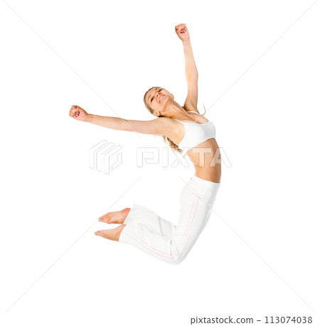 Jumping Woman on a light background Jumping Woman on a light background 113074038