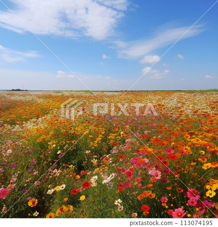 Vibrant field is filled with colorful flowers under bright blue sky. Flowers sway gently in the breeze as sun shines down on picturesque scene. 113074195