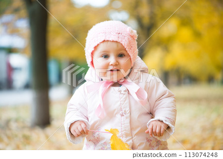smiling little baby in the park with autumn leaves 113074248