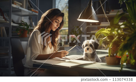 Woman at desk sharing fun moment with dog on her lap in cozy room with green plants 113074338