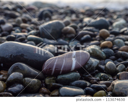 Pebbles on the seashore close-up. Rocky beach. Stones close-up with bokeh. Gray natural background. The concept of rest on the seashore.   Autumn on the seashore. Waves and wet pebbles 113074630