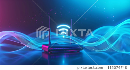 Icon wifi over the router isolated on blue and pink abstract background, internet networking concept Icon wifi over the router isolated on blue and pink abstract background, internet networking concept 113074748