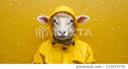 Sheep wearing yellow raincoat isolated on yellow background Sheep wearing yellow raincoat isolated on yellow background 113074750