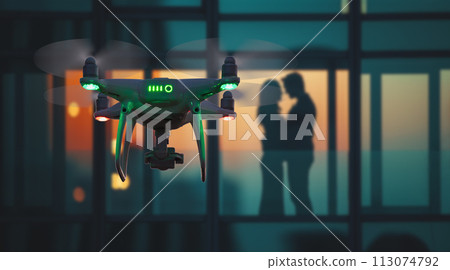 A UAV Unmanned Aircraft Drone Flying Just Outside A Window Where A Couple Is Embracing. 113074792