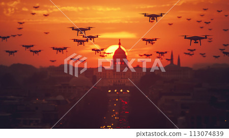 Swarm of UAV Unmanned Aircraft Drones Flying Near The United States Capitol At Sunset. 113074839