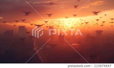 Swarm of UAV Unmanned Aircraft Drones Flying Near The United States Capitol At Sunset. Swarm of UAV Unmanned Aircraft Drones Flying Near The United States Capitol At Sunset. 113074847