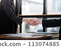Business people in office suits standing and shaking hands, close-up. Business communication concept. Handshake and marketing 113074885