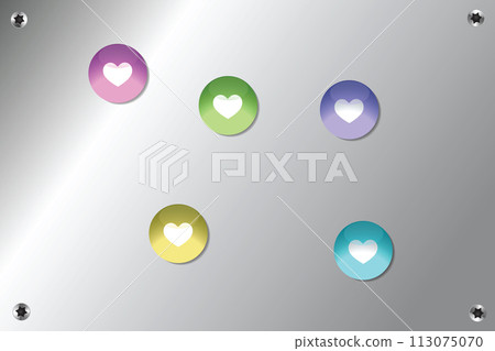 Colorful glass heart magnets on silver pin board background surface with torx screws Colorful glass heart magnets on silver pin board background surface with torx screws 113075070