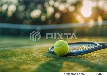 Tennis ball and racket on the tennis court. 113075076
