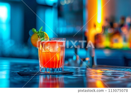 Cocktail in the bar on the background of the night club. 113075078