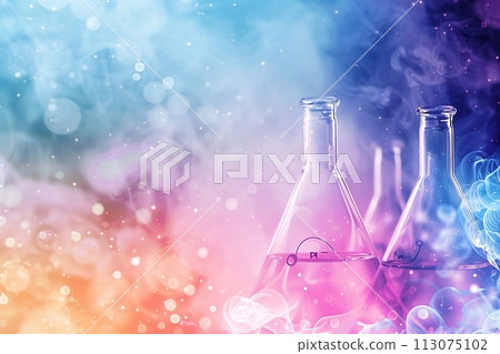 Laboratory glassware with colorful bokeh background 113075102