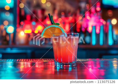 Cocktail in the bar on the background of the night club. Cocktail in the bar on the background of the night club. 113075126