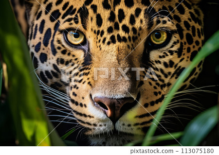 Macro portrait of a jaguar in Guiana 113075180