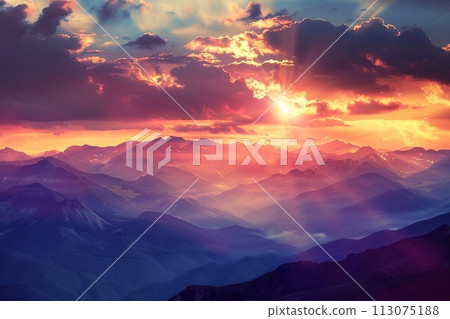 Mountain landscape. Sunset in the mountains. Sunrise in the mountains. Mountain landscape. Sunset in the mountains. Sunrise in the mountains. 113075188