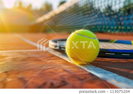 Tennis ball and racket on tennis court. 113075204