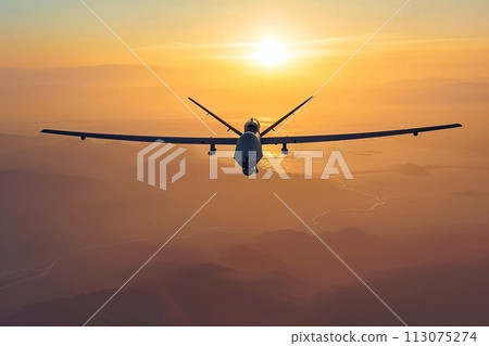 A combat modern drone flies in the sky A combat modern drone flies in the sky 113075274