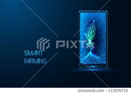 Smart farming, agriculture innovation technologies futuristic concept with plant sprout and phone Smart farming, agriculture innovation technologies futuristic concept with plant sprout and phone 113076720