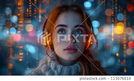 Woman with headphones - Reflective Bokeh Lights in the City at Night 113076818