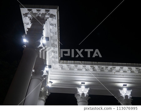 White colonnade in the dark. White columns in the light of spotlights.  Element of the architectural ensemble in the city park. Batumi 113076995