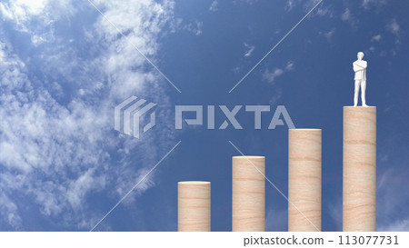 The Business man on wood chart sky Background 3d rendering. The Business man on wood chart sky Background 3d rendering. 113077731