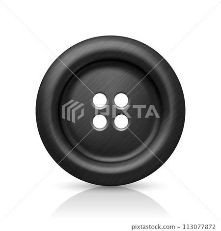Vector Detailed Black Metal Four-Hole Sewing Button with Reflection, Closeup, Isolated. Round Minimalistic Shiny Clothes Button in Front View 113077872