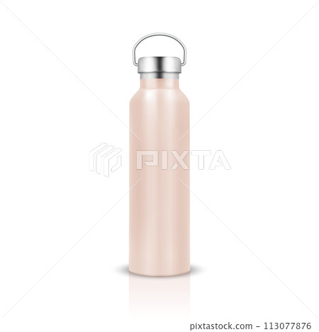 Vector Realistic 3d Pink Color Metal or Plastic Blank Glossy Reusable Water Bottle with Silver Bung Closeup Isolated on White Background. Design Template of Packaging Mockup. Front View 113077876