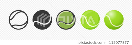 Flat Vector Tennis Ball Icon Set. Tennis Ball Design Template, Clipart for Sports Concepts, Competition Promotions, Advertisements, Graphics for a Tennis Event, Sports Content, Products, Logo 113077877