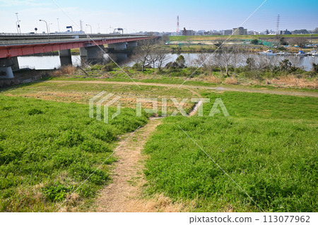 Arakawa main stream and Sasame Bridge View from Arakawa bank Spring scenery 113077962