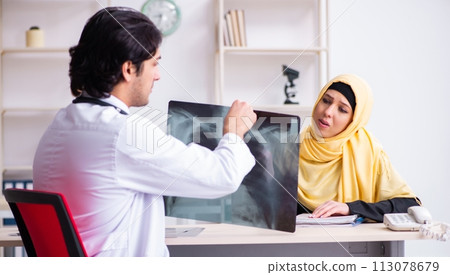 Female arab patient visiting male doctor 113078679