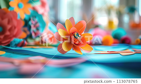 Crafting creativity paper with vibrant scrapbooking materials and artistic tools for DIY projects 113078765