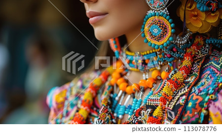 Exquisite handmade necklaces and earrings celebrate traditional style and cultural fashion identity 113078776
