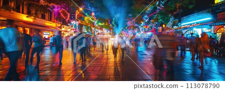 Night market scene in city center, showcasing a vibrant crowd and illuminated storefronts after dark 113078790
