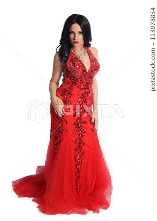 Woman Wearing Formal Red Mermaid Style Gown Isolated on White Background Woman Wearing Formal Red Mermaid Style Gown Isolated on White Background 113078834