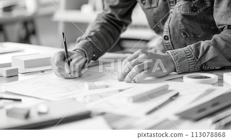 Architect diligently hand-drawing a blueprint on drafting table, planning detailed architectural design 113078868