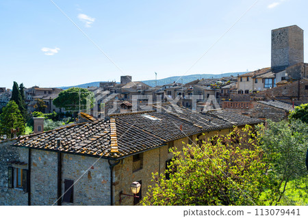 Cityscape of medieval Italian town, roofs of small houses, aerial view 113079441