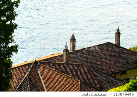 Mountain landscape, picturesque mountain lake in the summer morning, large panorama. Como, Italy Mountain landscape, picturesque mountain lake in the summer morning, large panorama. Como, Italy 113079449