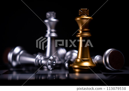 Golden and Silver King chess is last standing in the chess board, Concept of successful business leadership, Confrontation and loss 113079538