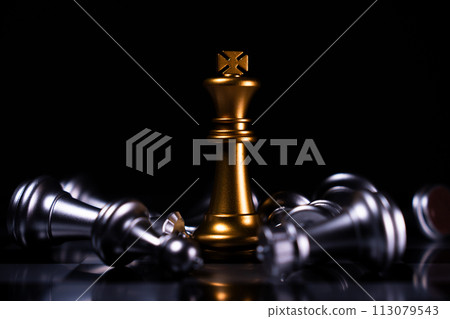Golden King chess is last standing in the chess board, Concept of successful business leadership Golden King chess is last standing in the chess board, Concept of successful business leadership 113079543