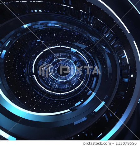 This digital illustration shows various circles and lines, creating a multidimensional pattern. 113079556