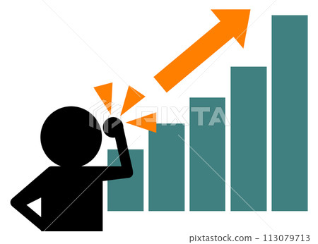 Illustration of a person doing a fist pump with satisfaction in front of a bar graph that has reached the sales target Illustration of a person doing a fist pump with satisfaction in front of a bar graph that has reached the sales target 113079713
