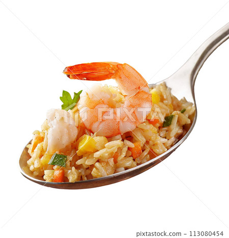 Shrimp pilaf on a spoon 113080454