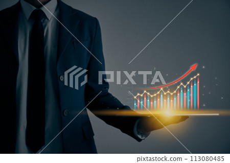 Businessman Hold Tablet and Color Stock Market Bar Chart or Graph Trend Vintage Tone Businessman Hold Tablet and Color Stock Market Bar Chart or Graph Trend Vintage Tone 113080485